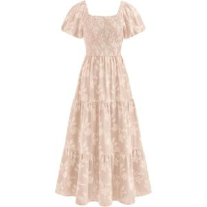imagePRETTYGARDEN Womens 2026 Summer Boho Maxi Dresses Floral Short Sleeve Square Neck Smocked Flowy Long Dress Vacation OutfitsBeige