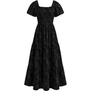 imagePRETTYGARDEN Womens 2026 Summer Boho Maxi Dresses Floral Short Sleeve Square Neck Smocked Flowy Long Dress Vacation OutfitsBlack
