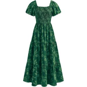 imagePRETTYGARDEN Womens 2026 Summer Boho Maxi Dresses Floral Short Sleeve Square Neck Smocked Flowy Long Dress Vacation OutfitsDark Green