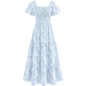 imagePRETTYGARDEN Womens 2026 Summer Boho Maxi Dresses Floral Short Sleeve Square Neck Smocked Flowy Long Dress Vacation OutfitsLight Blue