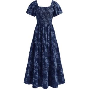 imagePRETTYGARDEN Womens 2026 Summer Boho Maxi Dresses Floral Short Sleeve Square Neck Smocked Flowy Long Dress Vacation OutfitsNavy Blue