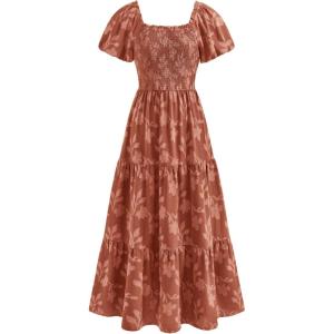 imagePRETTYGARDEN Womens 2026 Summer Boho Maxi Dresses Floral Short Sleeve Square Neck Smocked Flowy Long Dress Vacation OutfitsOrange