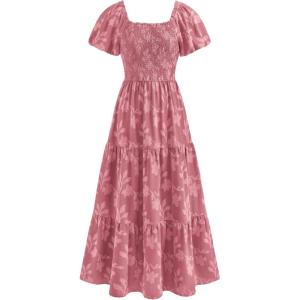 imagePRETTYGARDEN Womens 2026 Summer Boho Maxi Dresses Floral Short Sleeve Square Neck Smocked Flowy Long Dress Vacation OutfitsPink