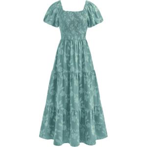 imagePRETTYGARDEN Womens 2026 Summer Boho Maxi Dresses Floral Short Sleeve Square Neck Smocked Flowy Long Dress Vacation OutfitsSage Green