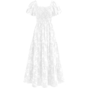 imagePRETTYGARDEN Womens 2026 Summer Boho Maxi Dresses Floral Short Sleeve Square Neck Smocked Flowy Long Dress Vacation OutfitsWhite