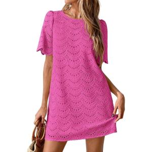 imagePRETTYGARDEN Womens 2026 Summer Casual Short Dresses Embroidered Lace Short Sleeve Boho Mini Dress Beach Vacation ClothesRose Red