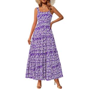 imagePRETTYGARDEN Womens 2026 Summer Floral Maxi Dress Sleeveless Smocked Ruffle Long Flowy Beach Vacation Boho SundressesFloral Purple White