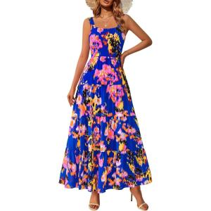 imagePRETTYGARDEN Womens 2026 Summer Floral Maxi Dress Sleeveless Smocked Ruffle Long Flowy Beach Vacation Boho SundressesMulticolored Flower