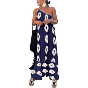 imagePRETTYGARDEN Womens 2026 Summer One Shoulder Maxi Dress Printed Flowy Boho Long Sundresses Spring Beach Vacation ClothesNavy Apricot Floral