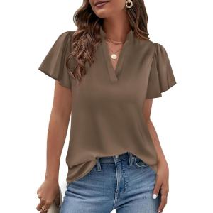 imagePRETTYGARDEN Womens 2026 Summer Satin Blouses Dressy Casual Ruffle Cap Sleeve V Neck Business Work Cute Tops Spring OutfitsBrown