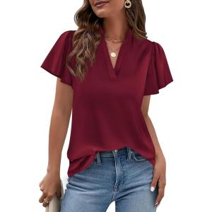 imagePRETTYGARDEN Womens 2026 Summer Satin Blouses Dressy Casual Ruffle Cap Sleeve V Neck Business Work Cute Tops Spring OutfitsBurgundy