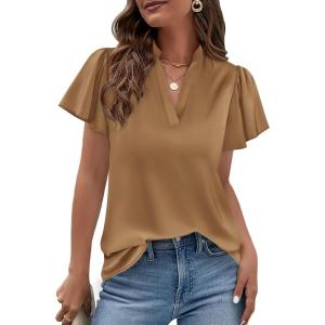 imagePRETTYGARDEN Womens 2026 Summer Satin Blouses Dressy Casual Ruffle Cap Sleeve V Neck Business Work Cute Tops Spring OutfitsChampagne