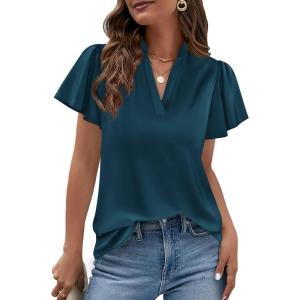 imagePRETTYGARDEN Womens 2026 Summer Satin Blouses Dressy Casual Ruffle Cap Sleeve V Neck Business Work Cute Tops Spring OutfitsDark Blue
