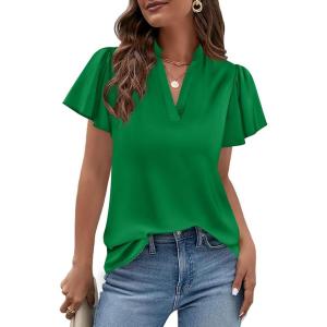 imagePRETTYGARDEN Womens 2026 Summer Satin Blouses Dressy Casual Ruffle Cap Sleeve V Neck Business Work Cute Tops Spring OutfitsGreen