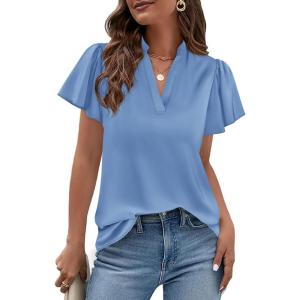 imagePRETTYGARDEN Womens 2026 Summer Satin Blouses Dressy Casual Ruffle Cap Sleeve V Neck Business Work Cute Tops Spring OutfitsLight Blue