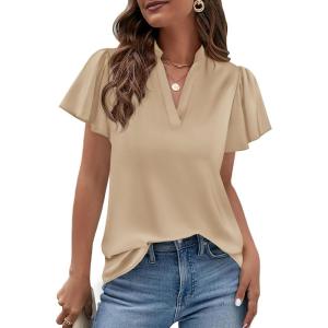 imagePRETTYGARDEN Womens 2026 Summer Satin Blouses Dressy Casual Ruffle Cap Sleeve V Neck Business Work Cute Tops Spring OutfitsLight Khaki