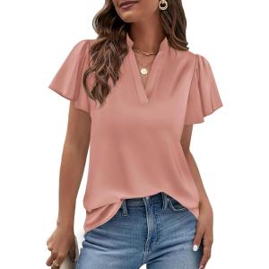 imagePRETTYGARDEN Womens 2026 Summer Satin Blouses Dressy Casual Ruffle Cap Sleeve V Neck Business Work Cute Tops Spring OutfitsPink