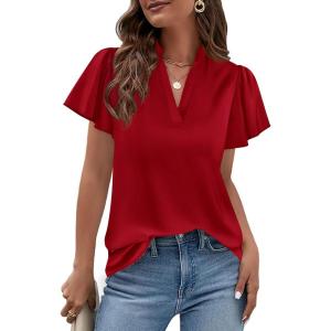 imagePRETTYGARDEN Womens 2026 Summer Satin Blouses Dressy Casual Ruffle Cap Sleeve V Neck Business Work Cute Tops Spring OutfitsRed