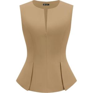 imagePRETTYGARDEN Womens 2026 Summer Vest Tops Business Casual Going Out Outfits Sleeveless Zip Up Dressy Tank Top Suit WaistcoatKhaki