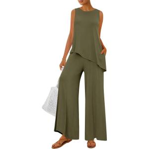 imagePRETTYGARDEN Womens 2026 Two Piece Matching Lounge Sets Asymmetrical Split Tank Tops Wide Leg Pants Summer Outfits TracksuitArmy Green