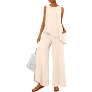 imagePRETTYGARDEN Womens 2026 Two Piece Matching Lounge Sets Asymmetrical Split Tank Tops Wide Leg Pants Summer Outfits TracksuitBeige
