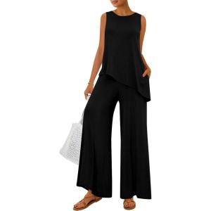 imagePRETTYGARDEN Womens 2026 Two Piece Matching Lounge Sets Asymmetrical Split Tank Tops Wide Leg Pants Summer Outfits TracksuitBlack