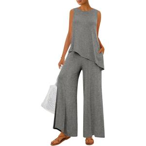 imagePRETTYGARDEN Womens 2026 Two Piece Matching Lounge Sets Asymmetrical Split Tank Tops Wide Leg Pants Summer Outfits TracksuitGrey