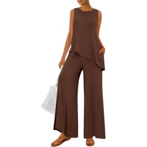 imagePRETTYGARDEN Womens 2026 Two Piece Matching Lounge Sets Asymmetrical Split Tank Tops Wide Leg Pants Summer Outfits TracksuitLight Coffee