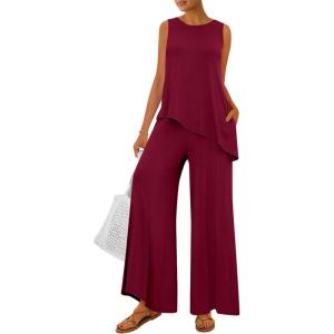imagePRETTYGARDEN Womens 2026 Two Piece Matching Lounge Sets Asymmetrical Split Tank Tops Wide Leg Pants Summer Outfits TracksuitWine Red