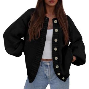 imagePRETTYGARDEN Womens 2026 Winter Cardigan Sweaters Trendy Chunky Knit Long Sleeve Button Up Casual Warm Fall Jackets CoatsBlack