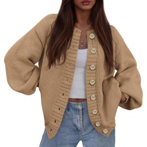 imagePRETTYGARDEN Womens 2026 Winter Cardigan Sweaters Trendy Chunky Knit Long Sleeve Button Up Casual Warm Fall Jackets CoatsKhaki