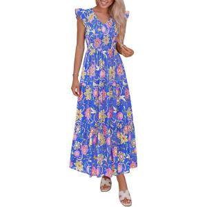 imagePRETTYGARDEN Womens Boho Floral Maxi Dress 2026 Summer Smocked V Neck Ruffle Sleeve Spring Flowy Beach Vacation SundressesBlue