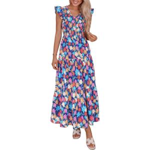 imagePRETTYGARDEN Womens Boho Floral Maxi Dress 2026 Summer Smocked V Neck Ruffle Sleeve Spring Flowy Beach Vacation SundressesBlue Multicolored Floral