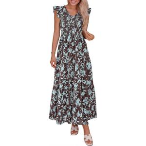 imagePRETTYGARDEN Womens Boho Floral Maxi Dress 2026 Summer Smocked V Neck Ruffle Sleeve Spring Flowy Beach Vacation SundressesBrown Blue Floral