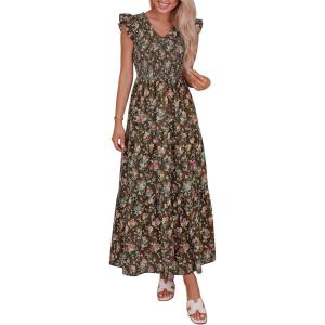 imagePRETTYGARDEN Womens Boho Floral Maxi Dress 2026 Summer Smocked V Neck Ruffle Sleeve Spring Flowy Beach Vacation SundressesBrown Pink Floral