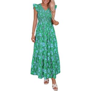 imagePRETTYGARDEN Womens Boho Floral Maxi Dress 2026 Summer Smocked V Neck Ruffle Sleeve Spring Flowy Beach Vacation SundressesGreen White Floral