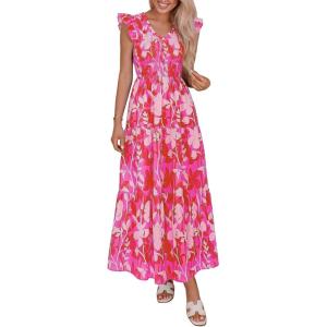 imagePRETTYGARDEN Womens Boho Floral Maxi Dress 2026 Summer Smocked V Neck Ruffle Sleeve Spring Flowy Beach Vacation SundressesRose Red