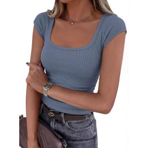 imagePRETTYGARDEN Womens Cap Sleeve T Shirts 2026 Square Neck Basic Tees Slim Fit Ribbed Knit Spring Going Out Tops Summer ClothesBlue Grey