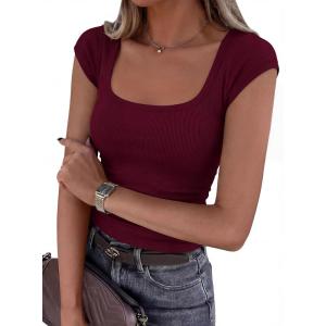 imagePRETTYGARDEN Womens Cap Sleeve T Shirts 2026 Square Neck Basic Tees Slim Fit Ribbed Knit Spring Going Out Tops Summer ClothesWine Red