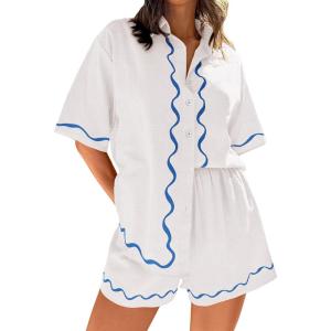 imagePRETTYGARDEN Womens Casual 2 Piece Outfits Summer Button Down Shirts Tops and Lounge Shorts Pajama Sets WhiteMedium