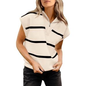 imagePRETTYGARDEN Womens Casual Striped T Shirts Cap Sleeve V Neck 14 Zip Basic Summer Tops Blouse
