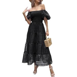 imagePRETTYGARDEN Womens Casual Summer Dress Puffy Short Sleeve Square Neck Smocked Tiered A Line Maxi Long DressesPlaid Black