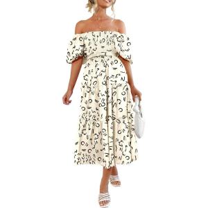 imagePRETTYGARDEN Womens Casual Summer Dress Puffy Short Sleeve Square Neck Smocked Tiered A Line Maxi Long DressesPrint Apricot