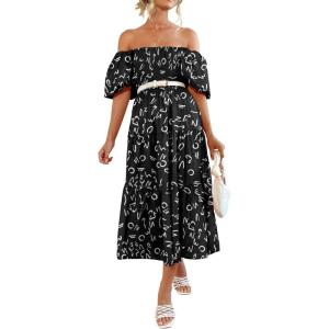imagePRETTYGARDEN Womens Casual Summer Dress Puffy Short Sleeve Square Neck Smocked Tiered A Line Maxi Long DressesPrint Black