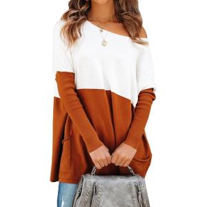 imagePRETTYGARDEN Womens Causal Loose Sweater Color Block Knit Pullover Off Shoulder Comfy Jumper Tops