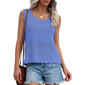 imagePRETTYGARDEN Womens Crochet Tank Tops 2026 Summer Spring Boho Sleeveless Cute Knit Sweater Vest Trendy Beach Vacation ClothesBlue