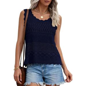 imagePRETTYGARDEN Womens Crochet Tank Tops 2026 Summer Spring Boho Sleeveless Cute Knit Sweater Vest Trendy Beach Vacation ClothesNavy Blue