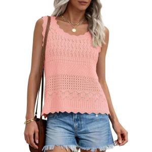 imagePRETTYGARDEN Womens Crochet Tank Tops 2026 Summer Spring Boho Sleeveless Cute Knit Sweater Vest Trendy Beach Vacation ClothesPink