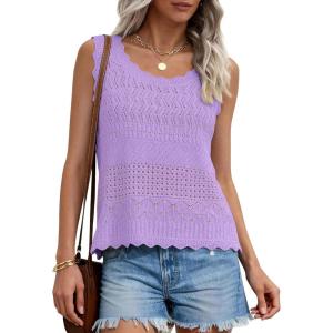 imagePRETTYGARDEN Womens Crochet Tank Tops 2026 Summer Spring Boho Sleeveless Cute Knit Sweater Vest Trendy Beach Vacation ClothesPurple