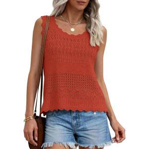 imagePRETTYGARDEN Womens Crochet Tank Tops 2026 Summer Spring Boho Sleeveless Cute Knit Sweater Vest Trendy Beach Vacation ClothesRust Red